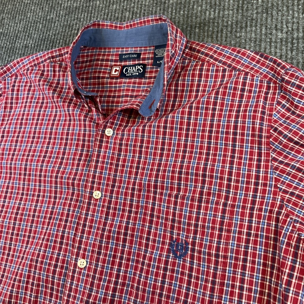 Chaps‎ Shirt Mens Large Red Plaid Short Sleeve Button Up Easy Care Stretch